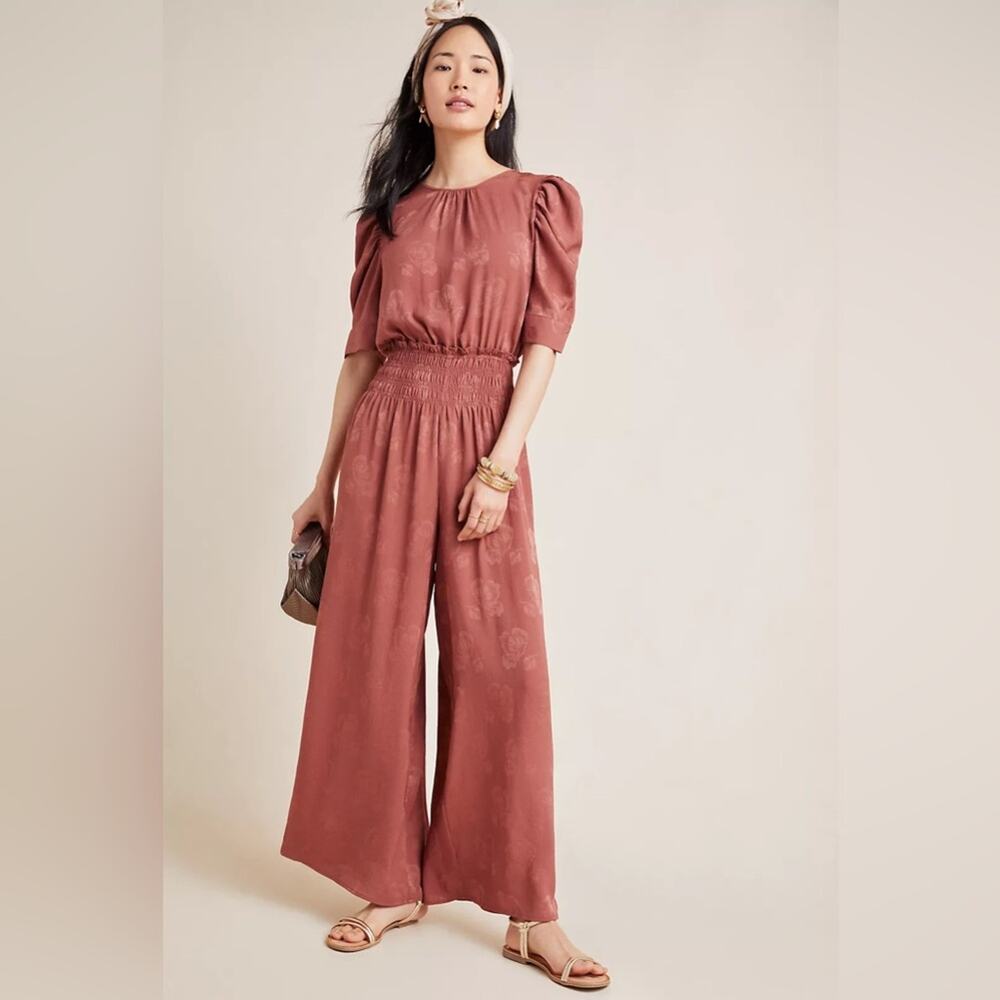 Anthropologie Castille Satin Jacquard Wide Leg Jumpsuit in Rose/Brown Sz Small